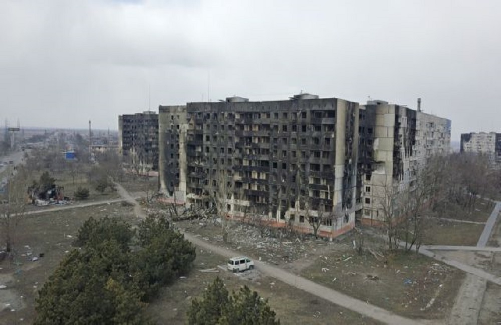 A view shows damaged residential buildings in the besieged city of Mariupol
