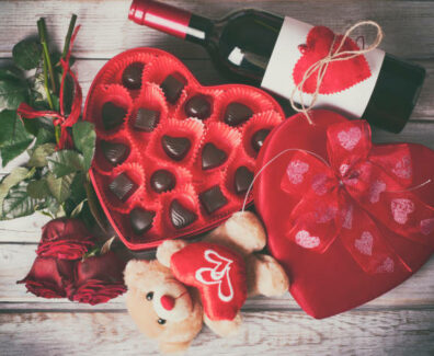 Valentine’s Day Celebration on rustic wooden table.