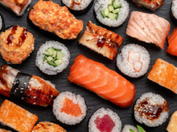 Assorted,Sushi,Nigiri,And,Maki,Big,Set,On,Slate.,A