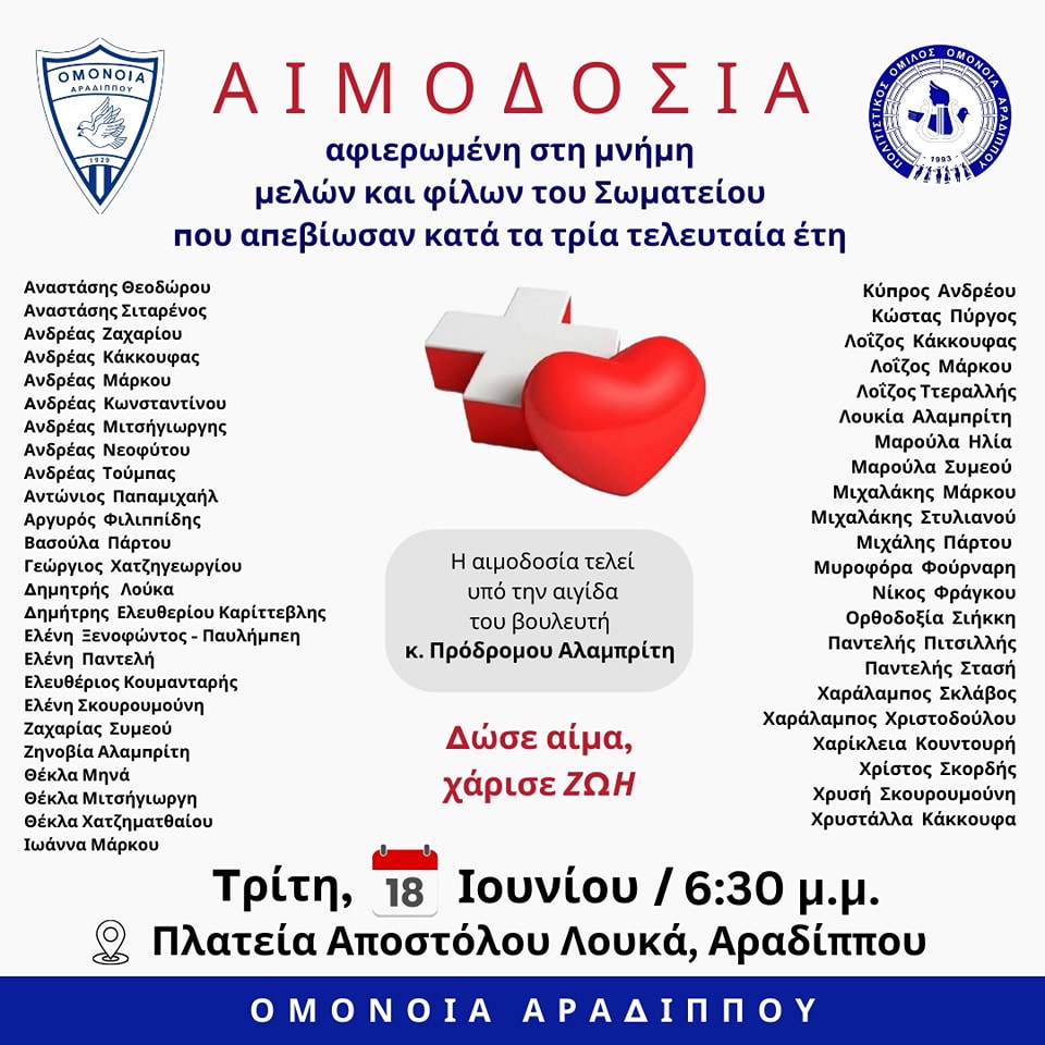 Αιμοδοσία σήμερα από τον Πολιτιστικό Όμιλο Ομόνοια Αραδίππου αφιερωμένη στην μνήμη μελών και φίλων του Σωματείου