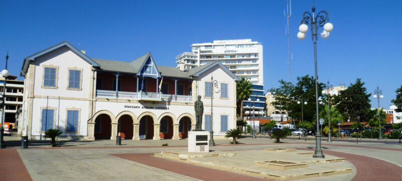 Europa_Square_-_Larnaca_District_Administration_building_and_Statue_of_Zeno_Cyprus