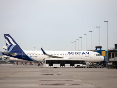 An Aegean Airlines Airbus A320neo is docked at a plane jetway of the Eleftherios Venizelos International Airport, in Athens