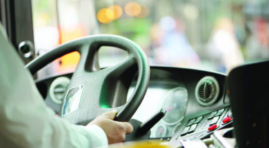 cropped shot of bus driver holding steering whee
