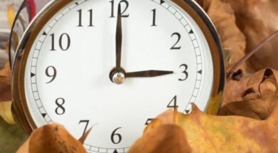 95221246 – leaves and a time change clock for winter time
