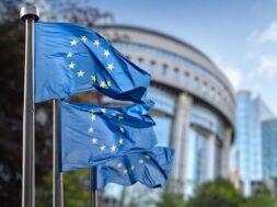 European,Union,Flag,Against,Parliament,In,Brussels,,Belgium
