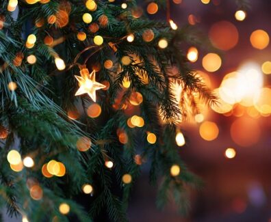 Christmas tree with garland lights. Evening city with blurred background