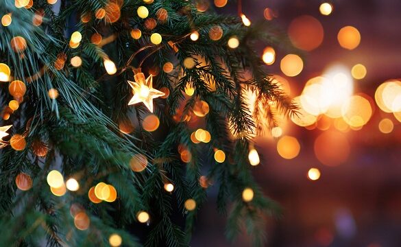 Christmas tree with garland lights. Evening city with blurred background