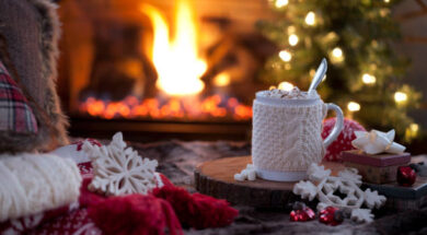 Christmas cozy hot chocolate in front of the fireplace