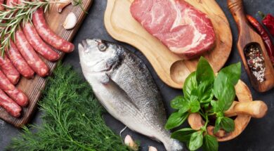 Sausages,,Fish,,Meat,And,Ingredients,Cooking.,Top,View,On,Stone