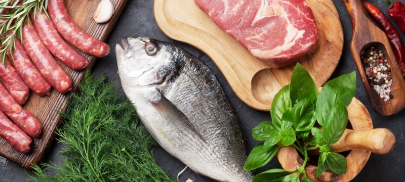 Sausages,,Fish,,Meat,And,Ingredients,Cooking.,Top,View,On,Stone