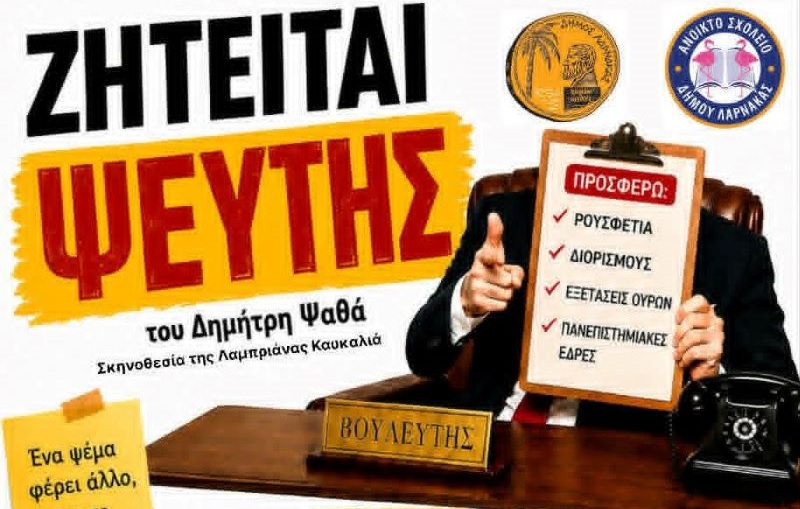 Η θεατρική παράσταση “Ζητείται Ψεύτης” στο Αμφιθέατρο του Λυκείου Αγίου Γεωργίου στη Λάρνακα