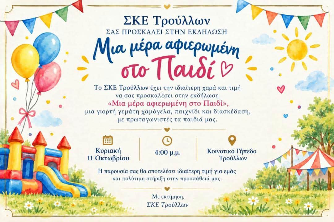Το ΣΚΕ Τρούλλων διοργανώνει την εκδήλωση “Μια μέρα αφιερωμένη στο παιδί”